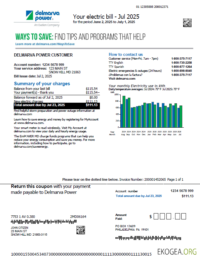 USA Delmarva Power utility bill template in Word and PDF formats, version 3